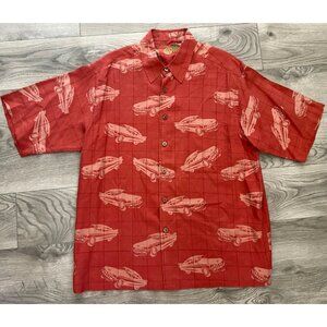 Caribbean Hawaiian Shirt Mens Large Orange Silk Classic Cars Short Sleeve Casual